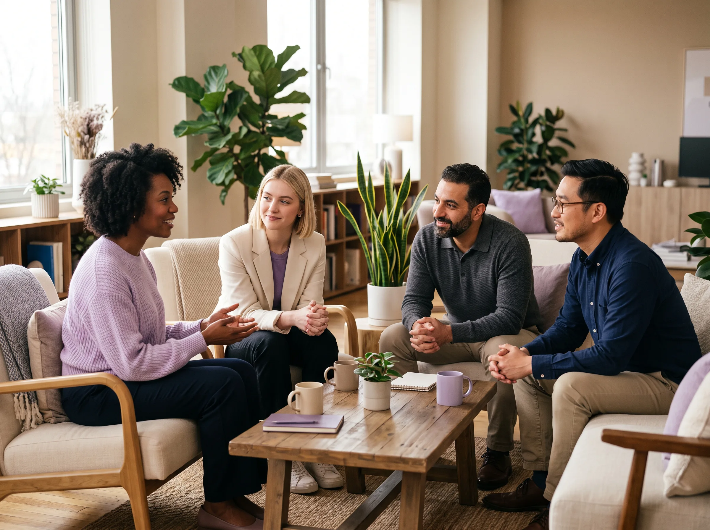Cuatro profesionales sentados en una sala de reuniones informal conversando sonrientes